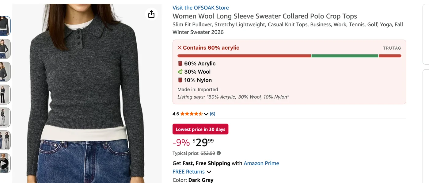 An Amazon product page with TruTag's panel: Matches your rules, 100% Cotton.