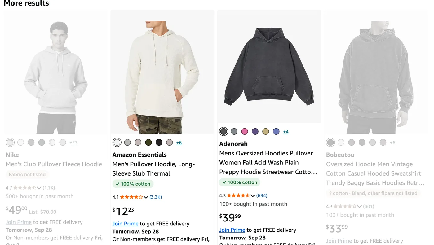 Amazon search results with TruTag's fabric labels: 100% cotton items labeled, others dimmed.